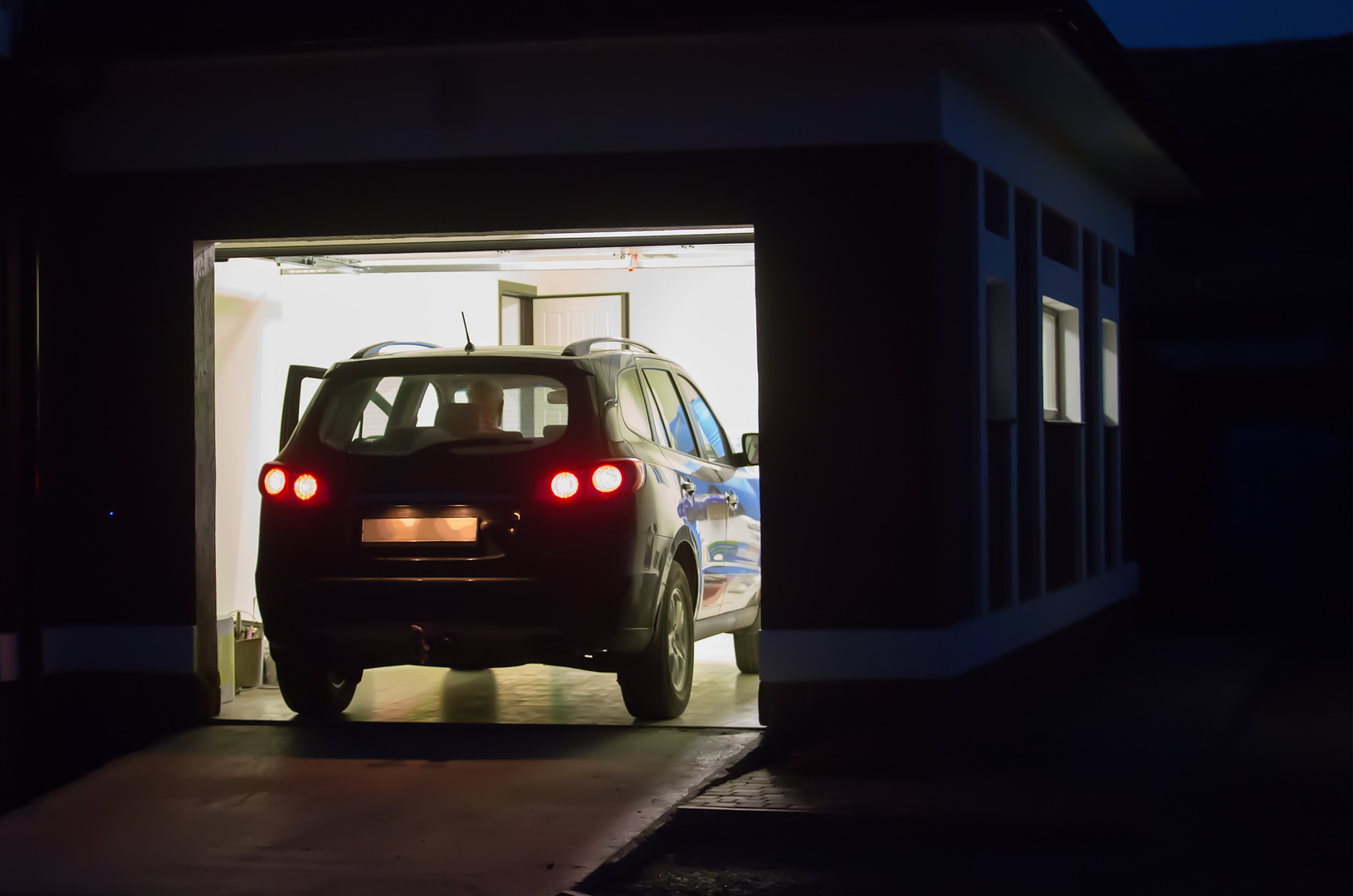 car in a lighted garage